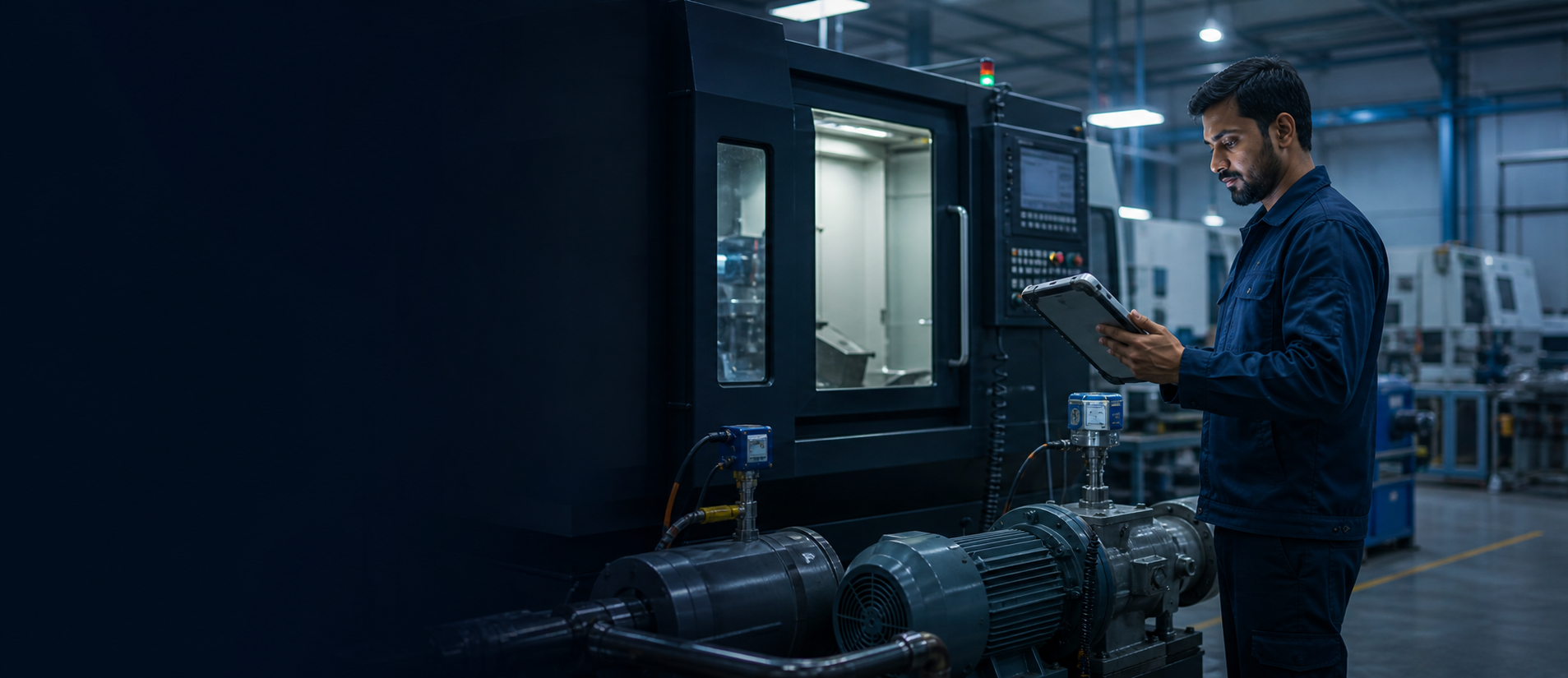 Maintenance engineer reviewing machine health information