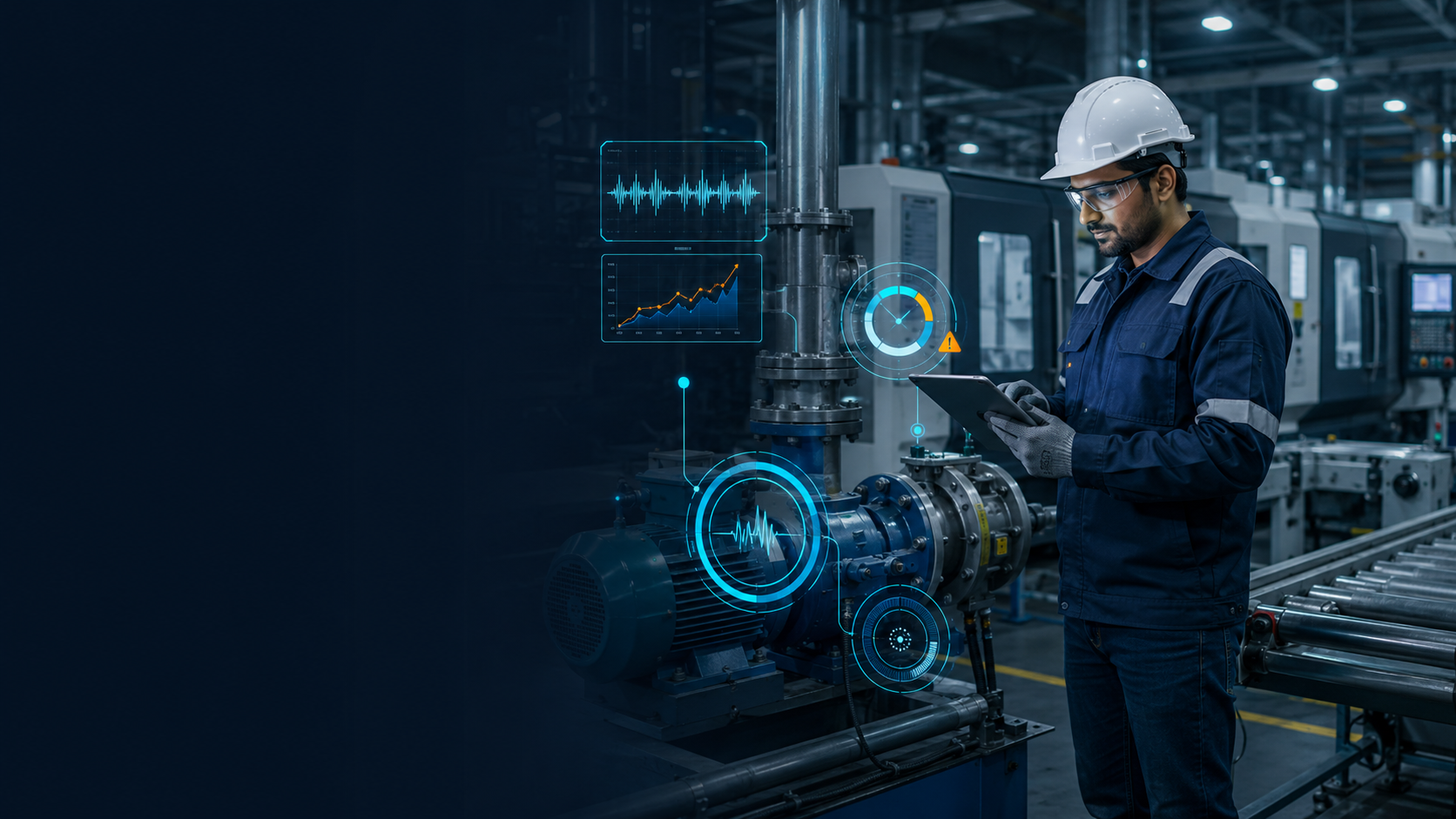 Indian maintenance engineer using AI machine-health monitoring in a manufacturing plant